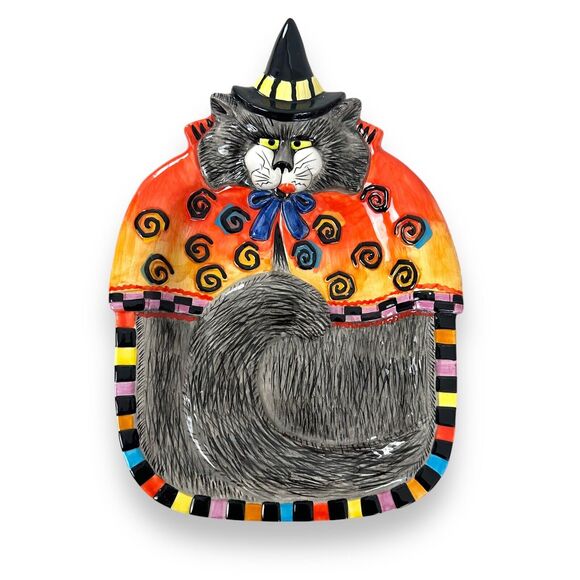 Fitz & Floyd Ceramic Canape Tray Kitty Witches Curly Qs Cat Plate Halloween New - Picture 13 of 14